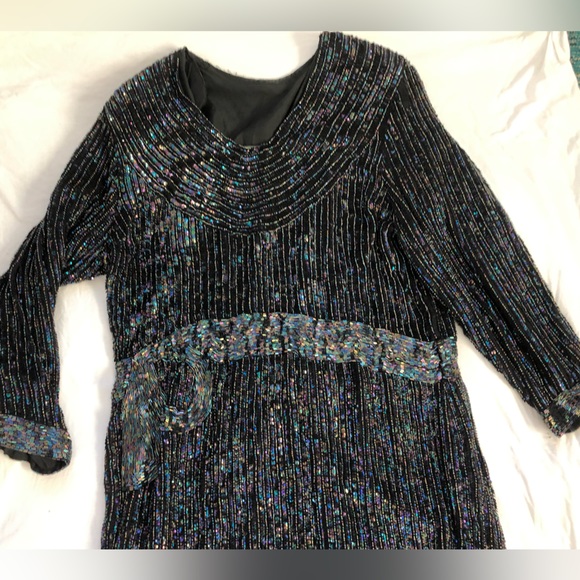 Vtg Black beading and sequin silk holiday, wedding guest formal dress, NYE - Picture 9 of 10